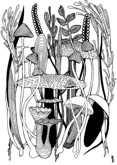 Postcard Art Print Drawing Mushrooms Floral Psychedelic Black | Etsy