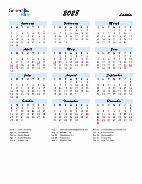 2028 Latvia Calendar With Holidays