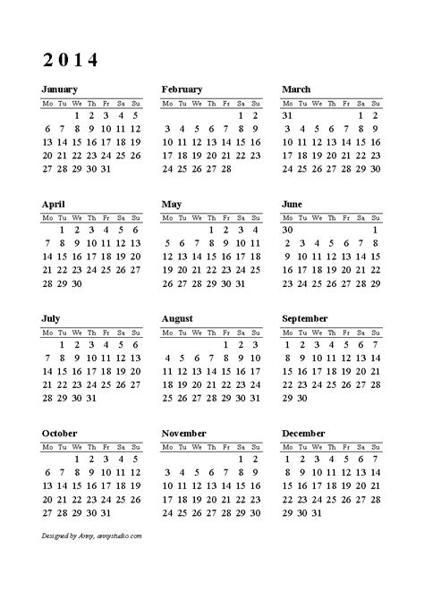 Calendar 2014 Printable One Page Printable Calendars 2014 Calendars