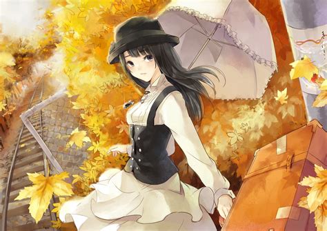 Girl Dress Hat Umbrella Leaf Anime Girl Autumn Leaf Wallpaper