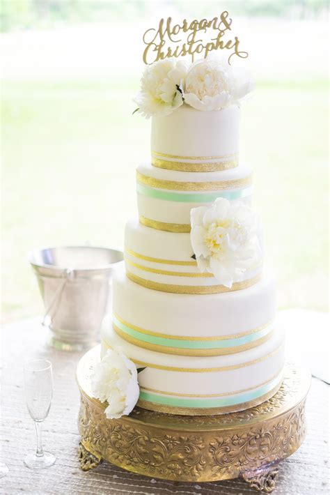 Five Tiered Wedding Cake With Mint And Gold Accents