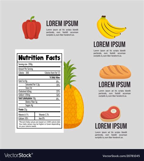 Group Of Nutritive Food With Nutrition Facts Vector Image
