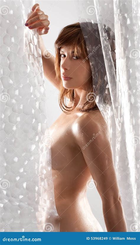 Nude Woman Between Shower Curtains Stock Image Image Of Isolated