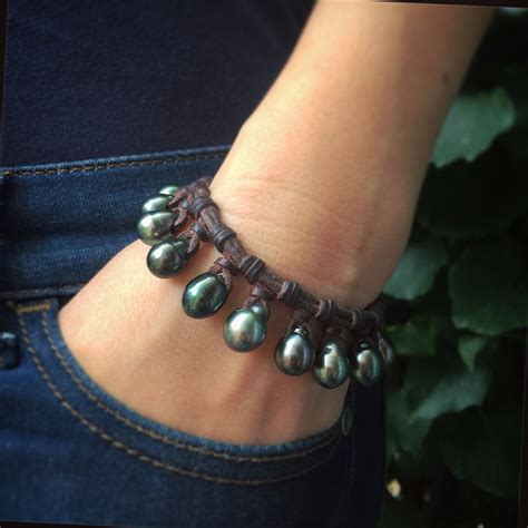 Tahitian Pearls Charm Bracelet On Leather For Woman Cultured Pearls St Barth Jewelry Boho