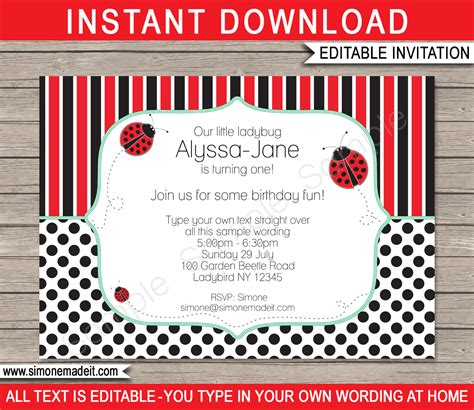 Ladybug Party Invitations Template Printable Ladybird Birthday Invite