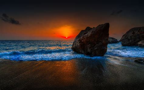 Sunset Beach Red Sky Clouds Sea Stones Dusk Wallpaper Other