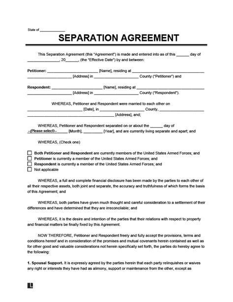 Template For Separation Agreement