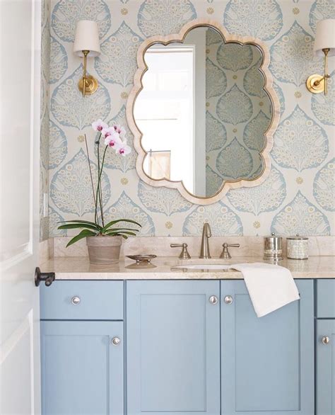 Powder Room With Overscale Paisley Paper Trefoil Mirror Pale Blue