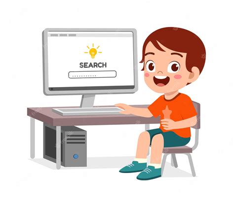 Premium Vector Cute Little Kid Use Computer To Study Internet