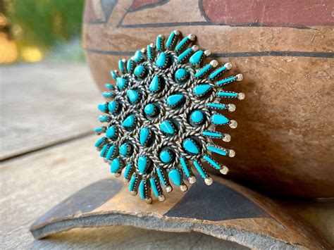 Vintage Turquoise Cluster Pendant Brooch Pin Petit Point Needlepoint