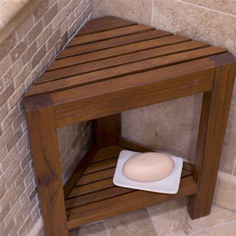 Belham Living Corner Teak Shower Bench With Shelf Teak