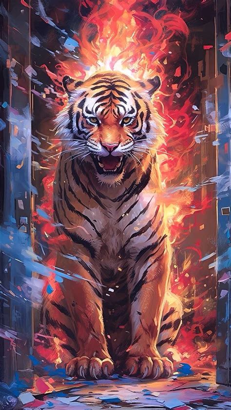 A Painting Of A Tiger Sitting In Front Of A Fire