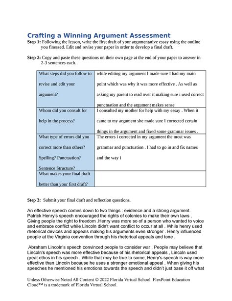 Copy Of 406 Crafting A Winning Argument Assessment Crafting A