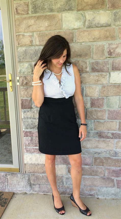 polka dots pencil skirt wedges pearls mom outfits dress outfits