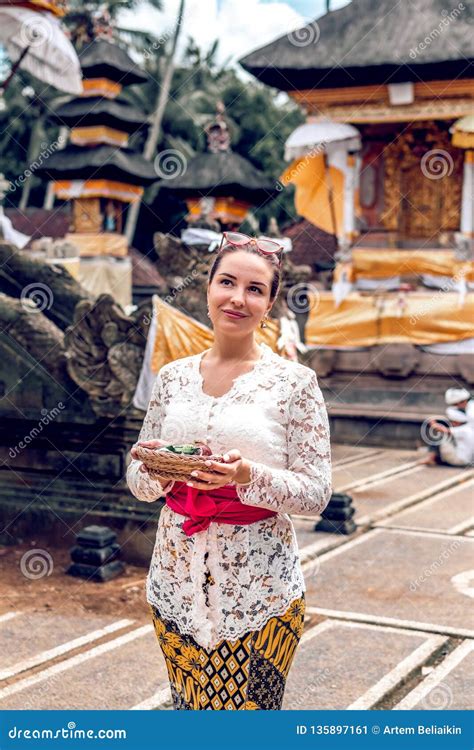 Bali Indonesia December European Woman In Traditional