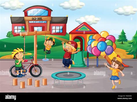 Kids Playing At School Playground Illustration Stock Vector Image And Art