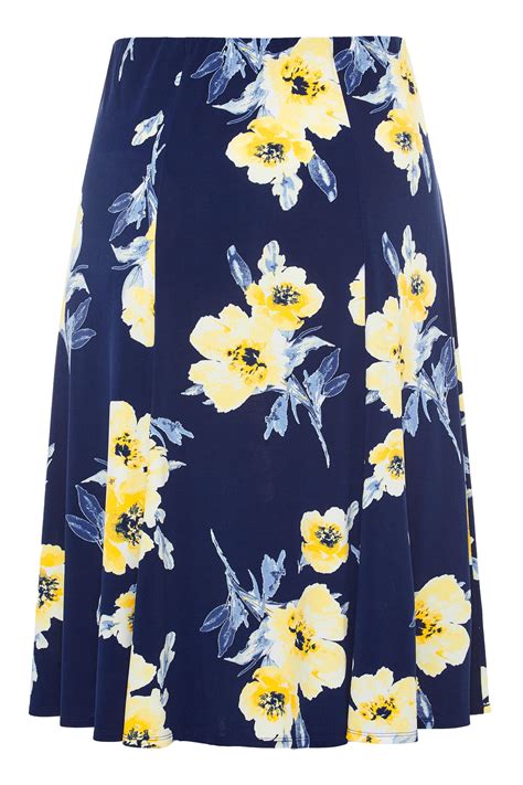 Navy And Yellow Floral Midi Skirt Yours Clothing