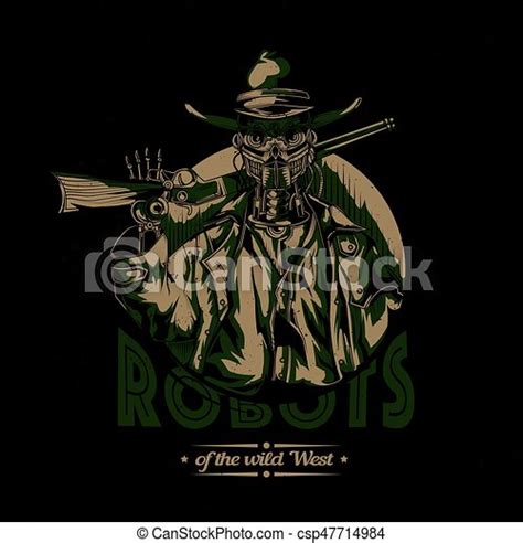 Wild West T Shirt Label Design With Illustration Of Robot Cowboy Hand
