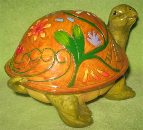 Vintage Colorful Hand Painted Ceramic Turtle Statue 1970s Ceramic