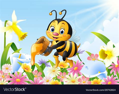 Cartoon Bee Holding Honey Bucket With Flower Vector Image