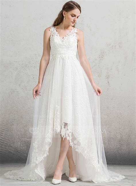 A Lineprincess V Neck Asymmetrical Tulle Lace Wedding Dress 002088473