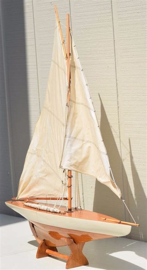 Vintage Large Sailboat Yacht Wooden Model Ship Pond Boat Nautical Decor