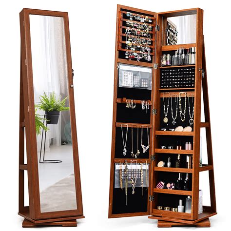 Costway 360degree Rotatable Jewelry Cabinet 2 In 1 Lockable Mirrored