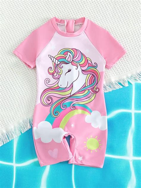 Toddler Girls Unicorn Print Contrast Raglan Sleeve One Piece Swimsuit