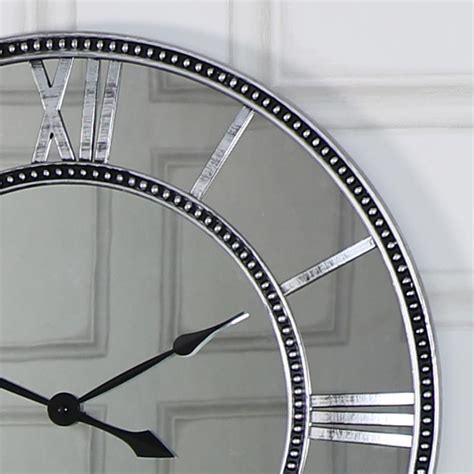 Large Silver Mirror Skeleton Style Wall Clock Shabby Vintage Chic Roman