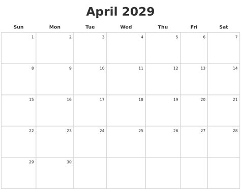 April 2029 Make A Calendar