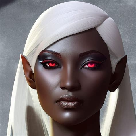 Beautiful Drow Elf Woman Dark Skin Red Eyes White Hair Elf Ears Pointy Ears Long Pointy