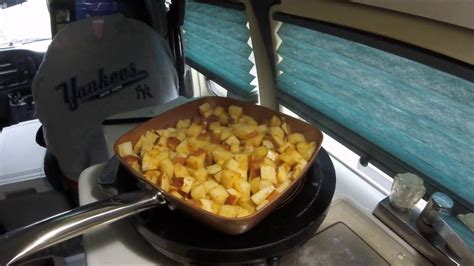 Place steak between 2 pieces of plastic wrap and pound with a meat mallet until 1/4 thick. RV Cooking - Quick Pan Fried Steak & Potatoes (Copper Chef ...