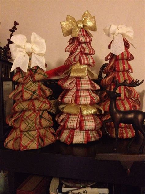 christmas trees made from styrofoam cones with ribbon pinned on