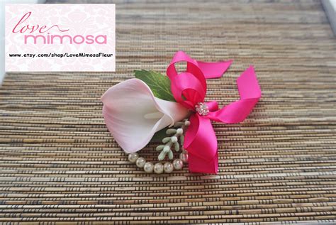 Wrist Corsages Blush Pink Calla Lily With Fuchsia Ribbon Rhinestone