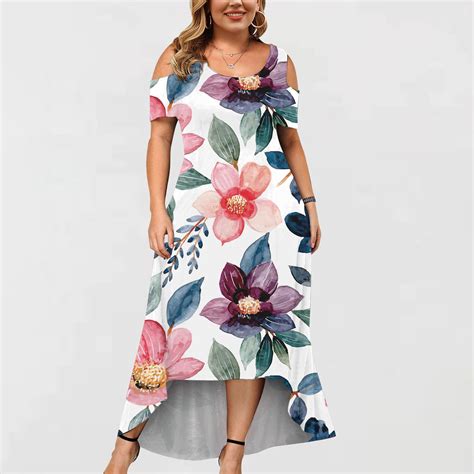 Summer Boho Long Dress Women Cold Shoulder Flower Print Maxi Dress