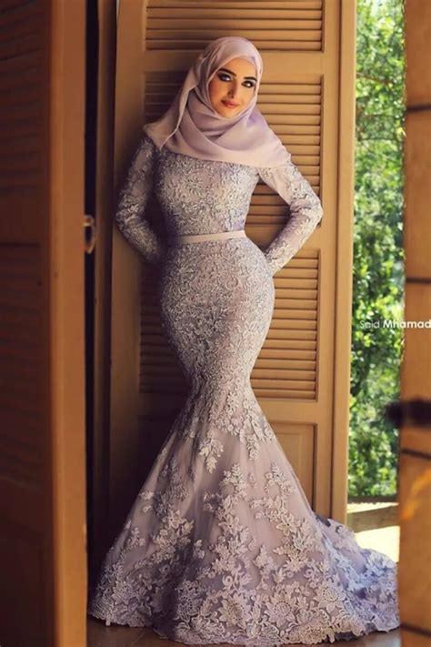 Elegant Long Sleeve Muslim Evening Dress Arabic Dresses Mermaid Prom Gowns High Neck Women