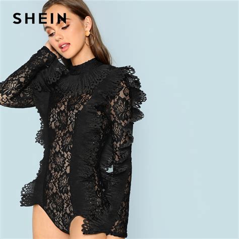 Shein Black Party Sexy Ruffle Embellished Sheer Lace Long Sleeve Solid Skinny Bodysuit Autumn