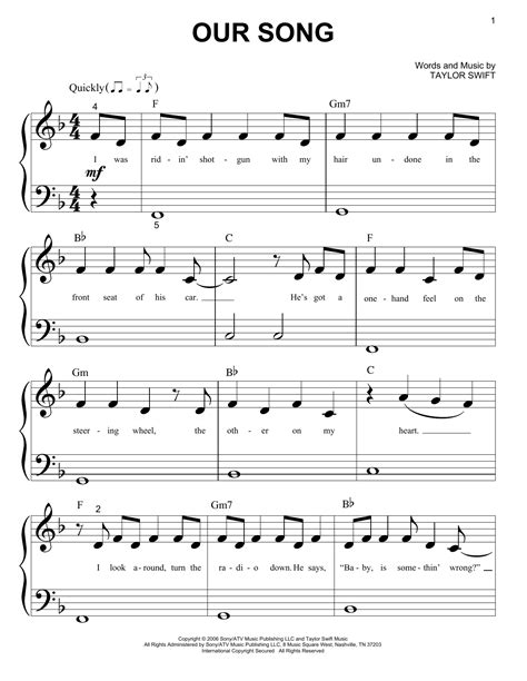 Our Song Sheet Music By Taylor Swift Piano Big Notes 74567