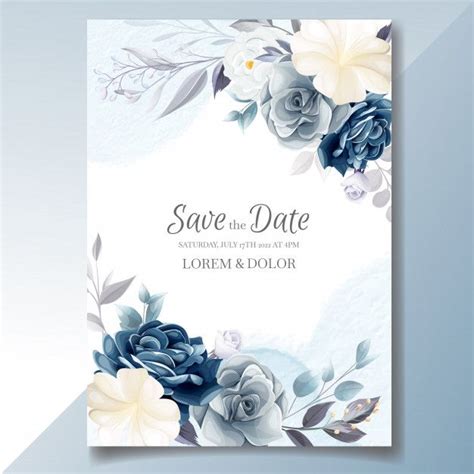 Premium Vector Navy Blue Floral Wedding Invitation Card Template With