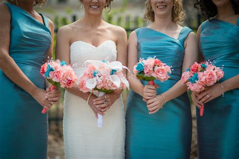 Purer, more vivid blues, such as tiffany blue, sky blue, or aqua blue. Coral and teal bouquets | Teal bouquet, Bridesmaid bouquet ...