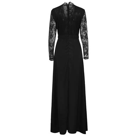 Women Lace Maxi Dress Deep V Neck Long Sleeve Side Split Slim Party Formal Long Dress Black