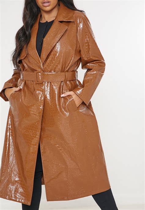 Plus Size Brown Croc Faux Leather Trench Coat | Missguided