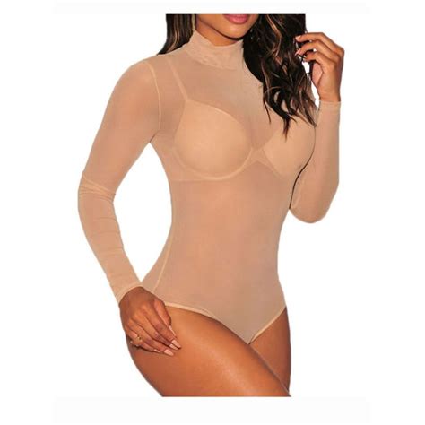 Eyicmarn Eyicmarn Womens Long Sleeve Sheer Mesh Bodysuit Leotard Top Blouse Beige Walmart