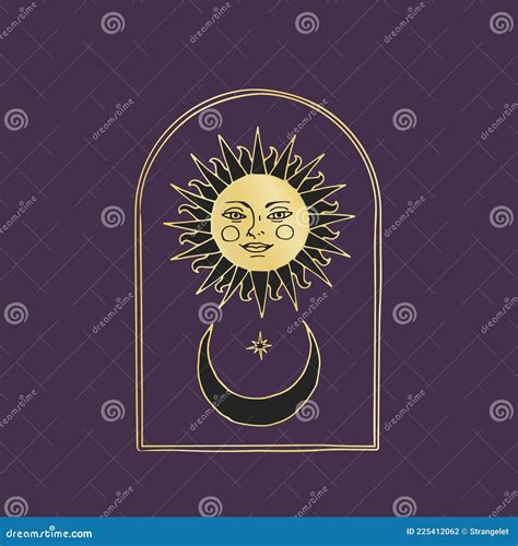 Vintage Mystic Sun And Half Moon Illustration With Decorative Arch