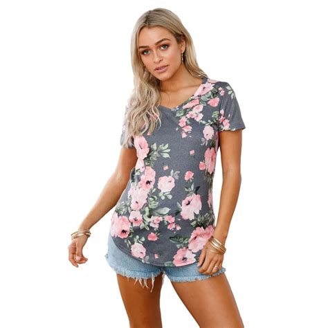 Spring Summer Women Flower Printing Tshirts Lady Short Sleeve V Neck Tee Tops Casual T Shirt 7