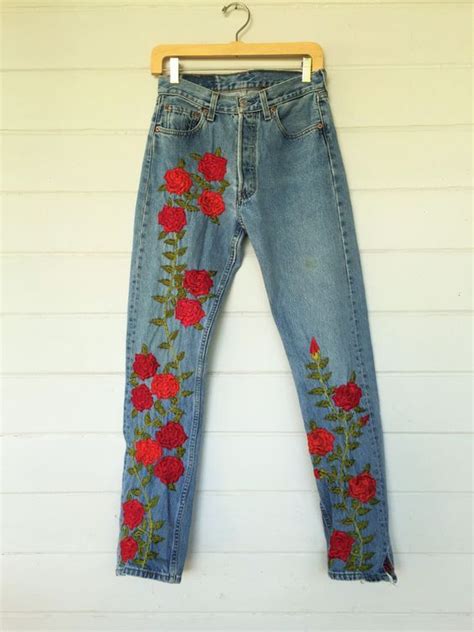 Roses Vintage Levis 501 High Waist Embroidered Jeans Embellished Denim 29 Embellished