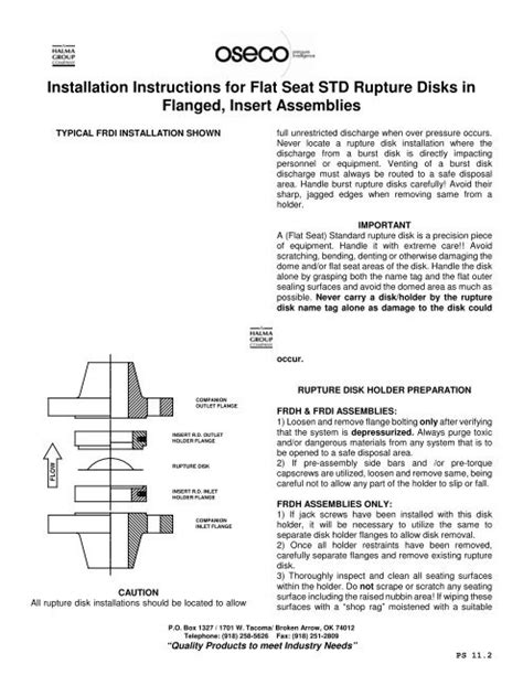 Installation Instructions For Flat Seat Std Rupture Disks In Oseco