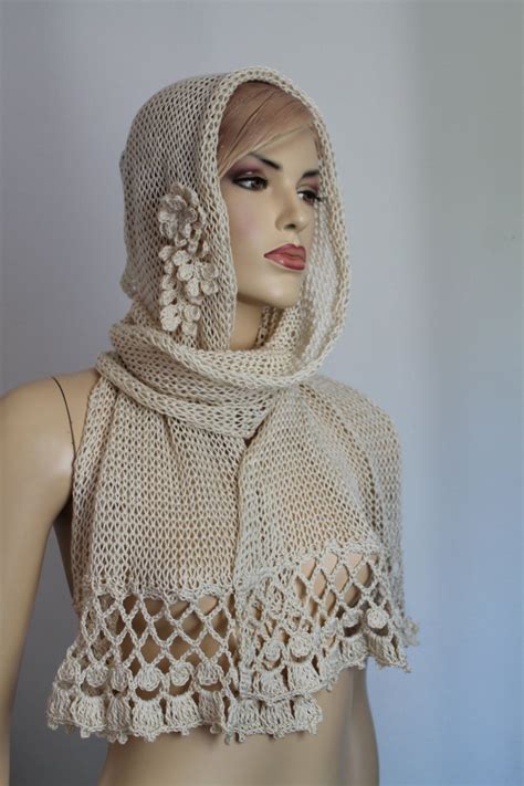 Ivory Nude Knit Crochet Shawl Scarf Cotton Wrap By Levintovich Crochet