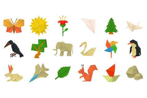 Origami Icon Set Cartoon Style