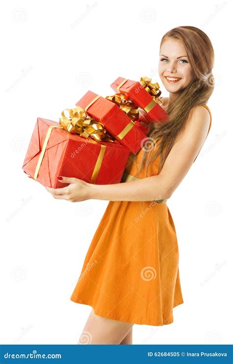Woman Presents Gifts Boxes Model Girl On White Stock Image Image Of